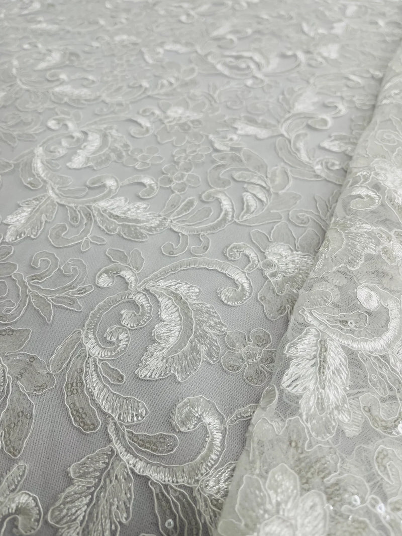 Metallic Flower Design - White - Corded Floral Pattern Sequins Fabric Sold By Yard