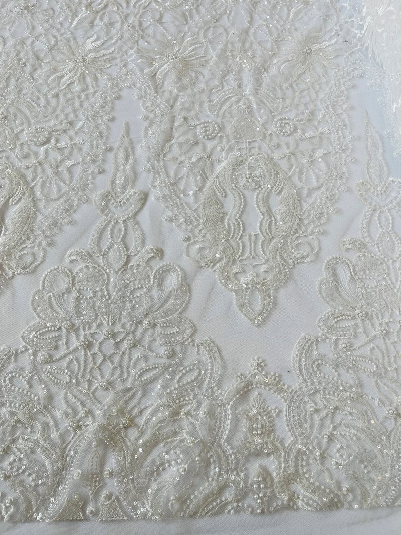 Damask Beaded Pattern Fabric - White - Embroidered Beaded Bridal Applique Fabric Sold By The Yard