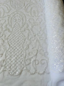 Fashion Design Bead Damask Fabric - White - Embroidered Elegant Design on Mesh Sold By The Yard