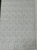 Metallic Flower Design - White - Corded Floral Pattern Sequins Fabric Sold By Yard