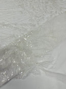 Flower Lines Fashion Design Fabric - White - Embroidered Floral Beads and Sequins Sold By Yard