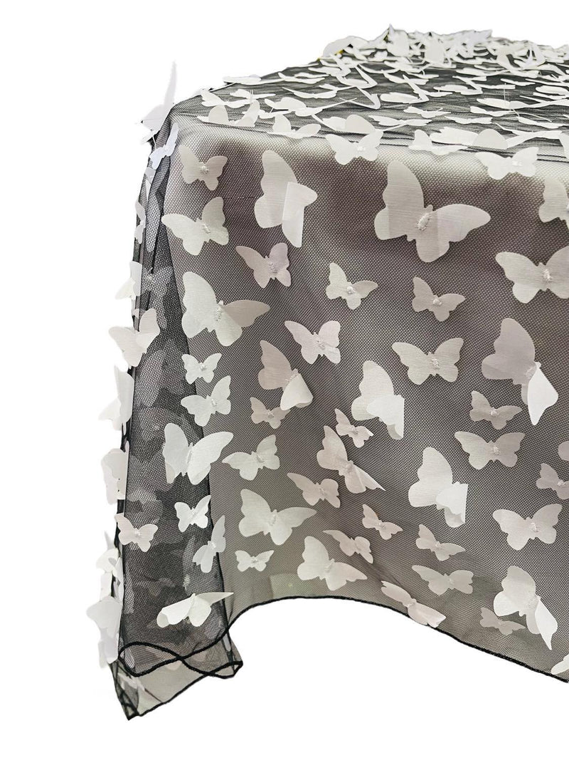 3D Butterfly Table Cover - White on Black - 52" x 102" 3D Butterfly Mesh Tablecloth