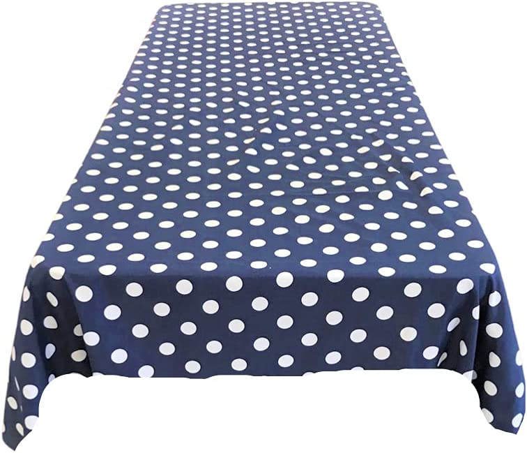 58" Polka Dot Tablecloth - White on Navy - Linen Polka Dot Rectangular Tablecloth (Pick Size)