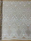 Geometric Design Fabric - White on Nude - 4 Way Stretch Embroidered Design Sequins Fabric By Yard