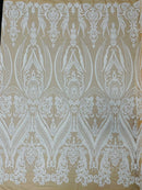 Damask Sequins - White on Nude - Damask Sequin Design on 4 Way Stretch Fabric By Yard