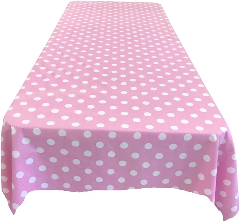 58" Polka Dot Tablecloth - White on Pink - Linen Polka Dot Rectangular Tablecloth (Pick Size)