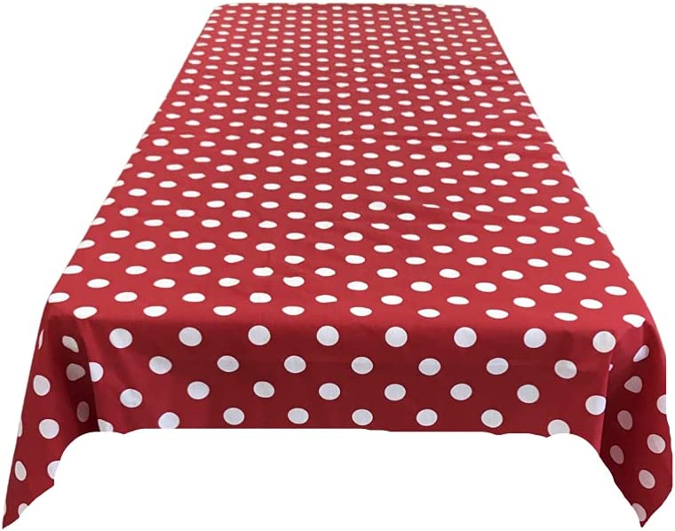 58" Polka Dot Tablecloth - White on Red - Linen Polka Dot Rectangular Tablecloth (Pick Size)