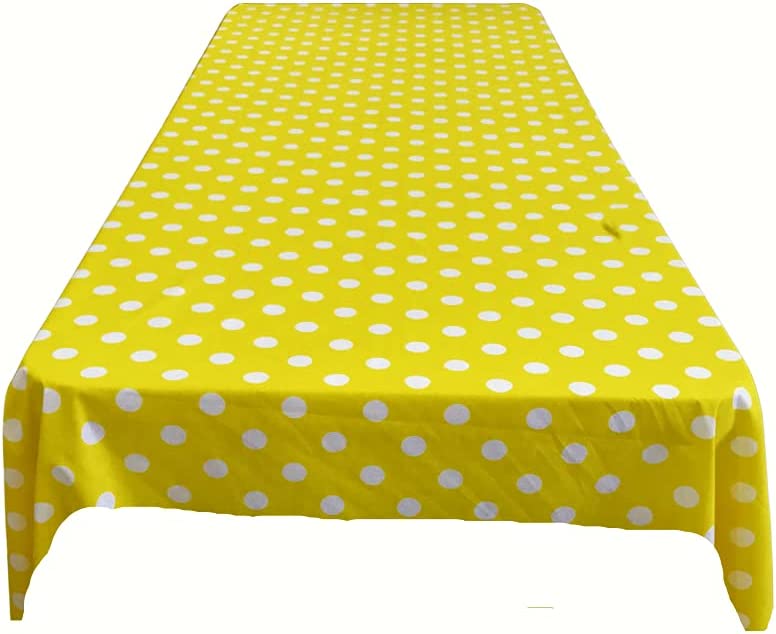 58" Polka Dot Tablecloth - White on Yellow - Linen Polka Dot Rectangular Tablecloth (Pick Size)