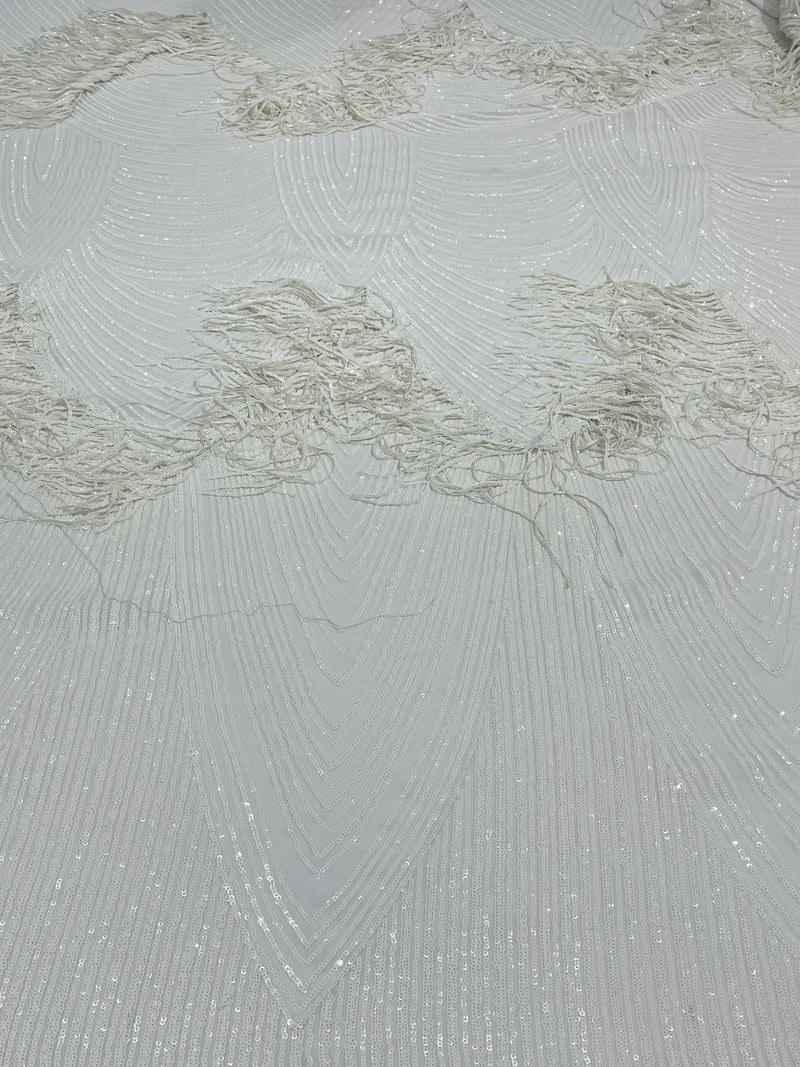 Fringe Sequins Design - White - Fringe Design Embroidered on a  4 Way Stretch Lace Mesh (Pick A Size)