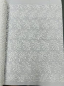 Small Flower Plant Fabric - White - Floral Embroidered Design on Lace Mesh By Yard