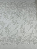Plant Cluster Fabric - White - Beaded Embroidered Leaf Plant Design on Lace Mesh By Yard