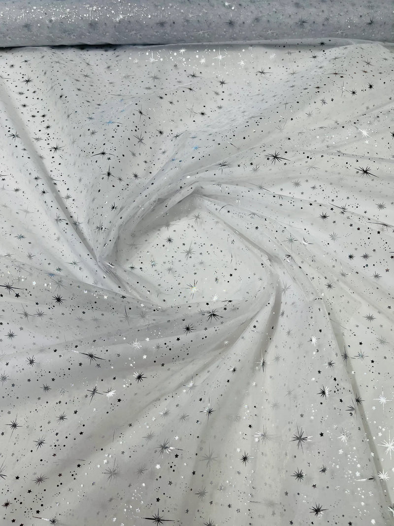 Foil Star Sheer Organza - Silver On White - 60" Sheer Silver Star Organza Fabric Sold By Yard
