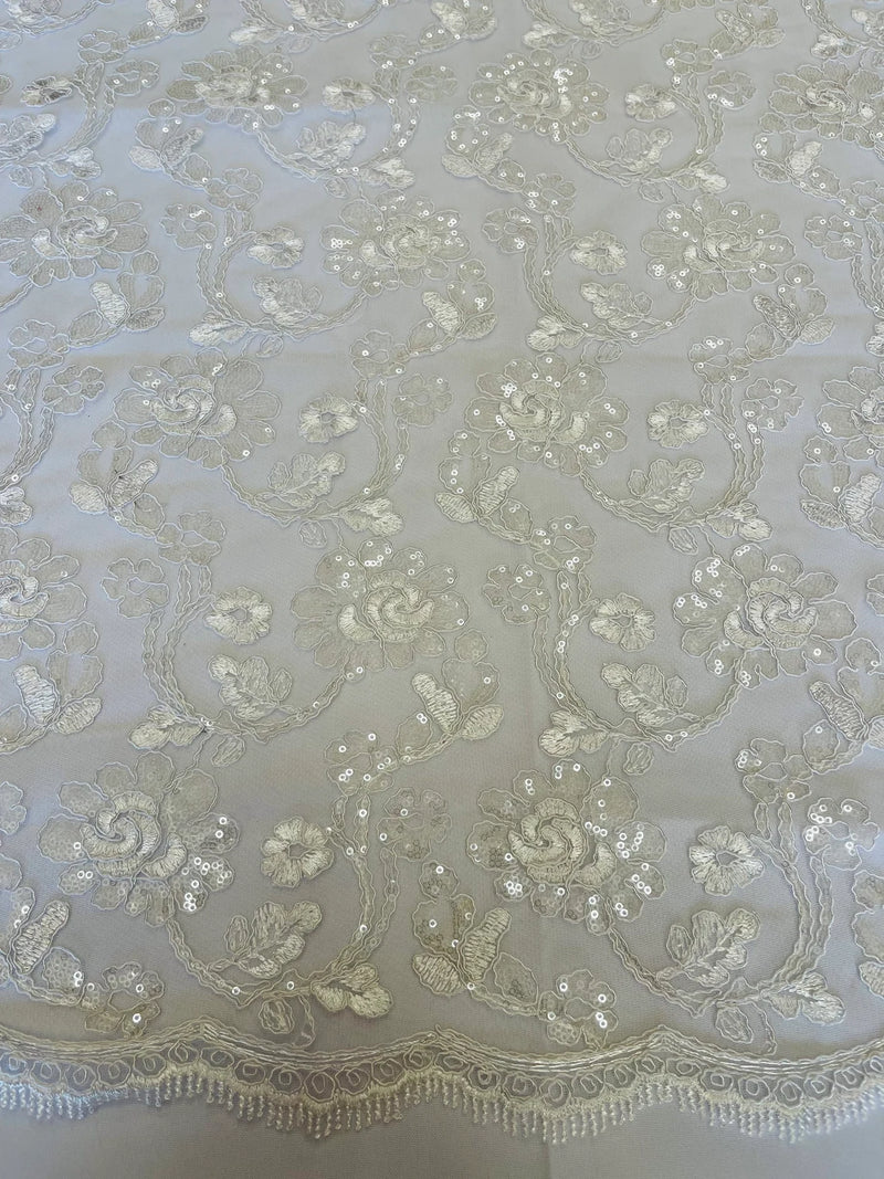 Floral Embroidered Lace - White - Floral Corded Lace With Sequins Sold By Yard