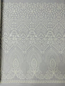 Geometric Design Fabric - White - 4 Way Stretch Embroidered Design Sequins Fabric By Yard