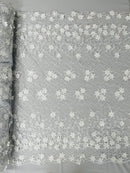 3D Triangle Floral Pearl Fabric - White - 3D Embroidered Floral Design on Lace Mesh By Yard