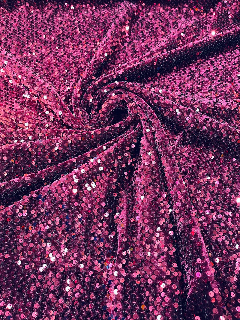 58/60" Velvet Sequins Stretch Fabric - Wine - Velvet Sequins 2 Way Stretch Sold By Yard