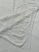 Long Wavy Line Design Sequins - White Iridescent - 4 Way Stretch Sequin Design on Mesh Fabric By Yard