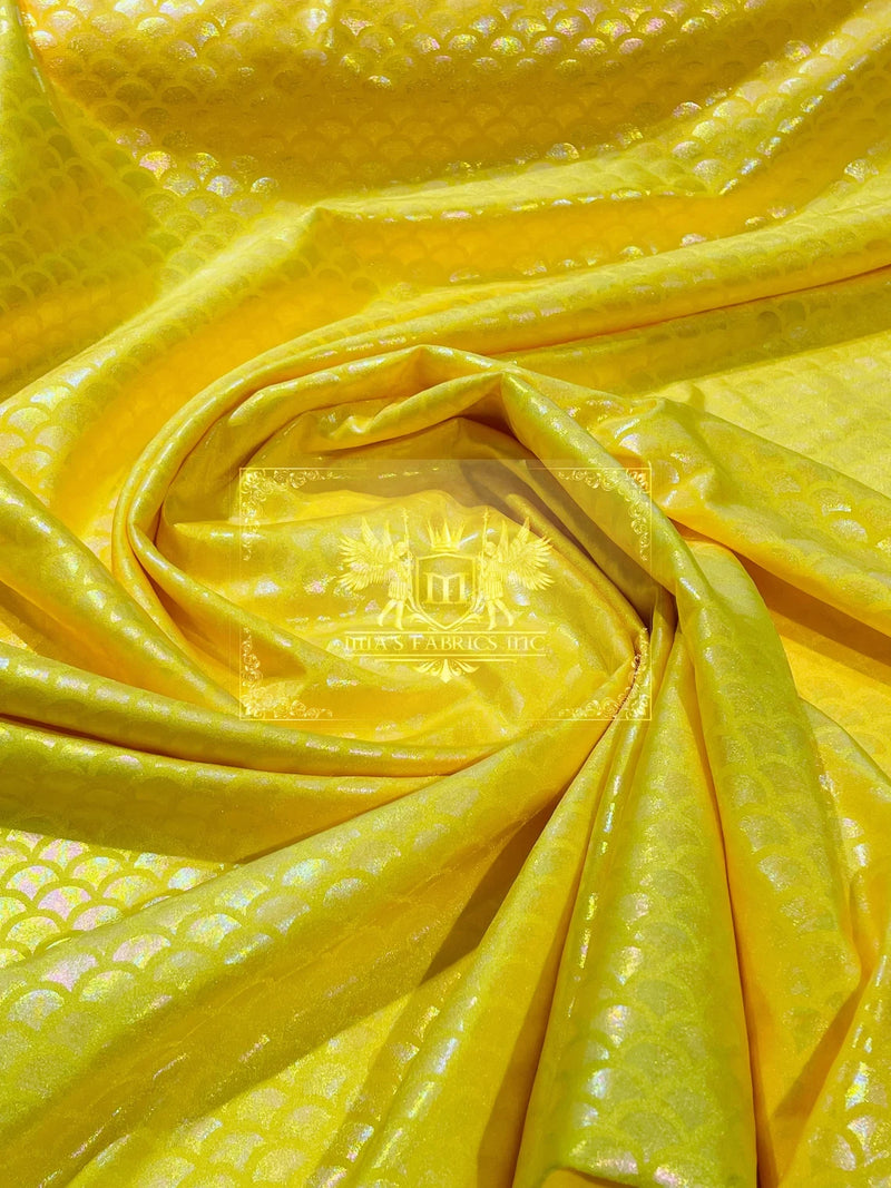 Mermaid Spandex Foil Fabric - Yellow - Mermaid Design on Stretch Fabric By Yard