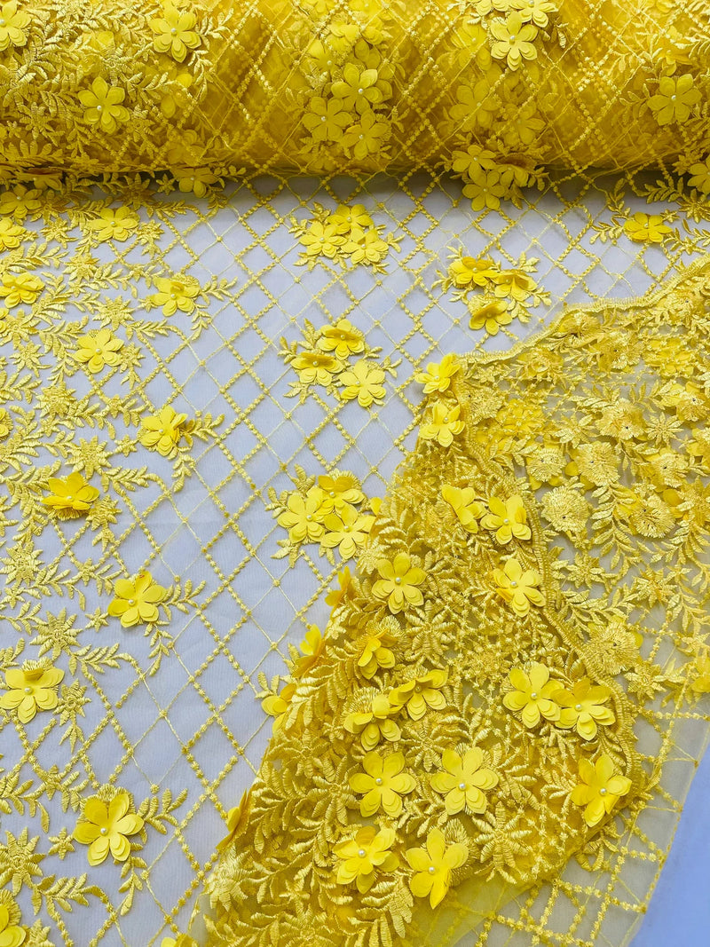 3D Triangle Floral Pearl Fabric - Yellow - 3D Embroidered Floral Design on Lace Mesh By Yard