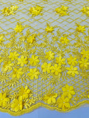 3D Triangle Floral Pearl Fabric - Yellow - 3D Embroidered Floral Design on Lace Mesh By Yard