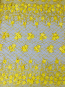 3D Triangle Floral Pearl Fabric - Yellow - 3D Embroidered Floral Design on Lace Mesh By Yard