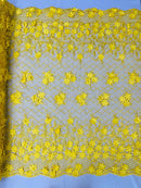 3D Triangle Floral Pearl Fabric - Yellow - 3D Embroidered Floral Design on Lace Mesh By Yard