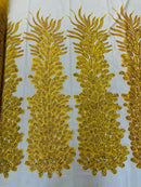 Vegas Peacock Feathers  3D Beaded Embroidery On a Mesh Lace Fabric Sequins Prom Dress (Choose The Panels)