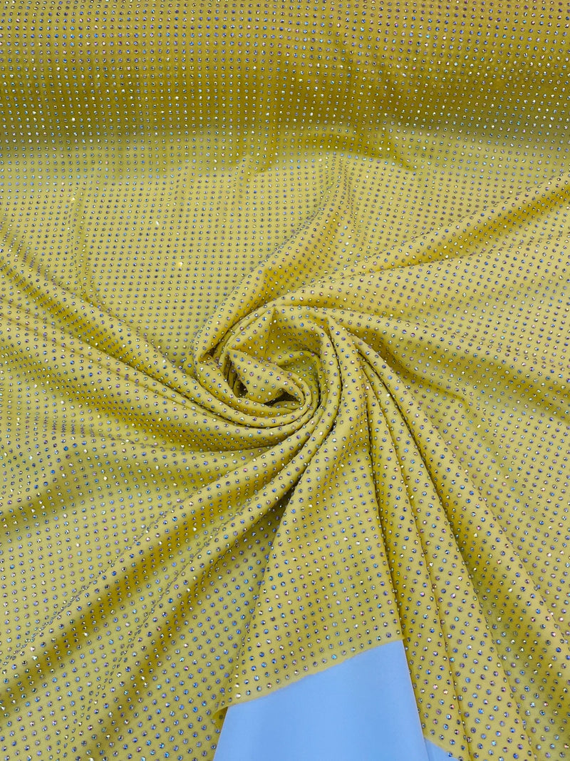 Rhinestones Power Mesh Fabric - Yellow - 4 Way Stretch Power Mesh Crystal RhineStones Sold by Yard