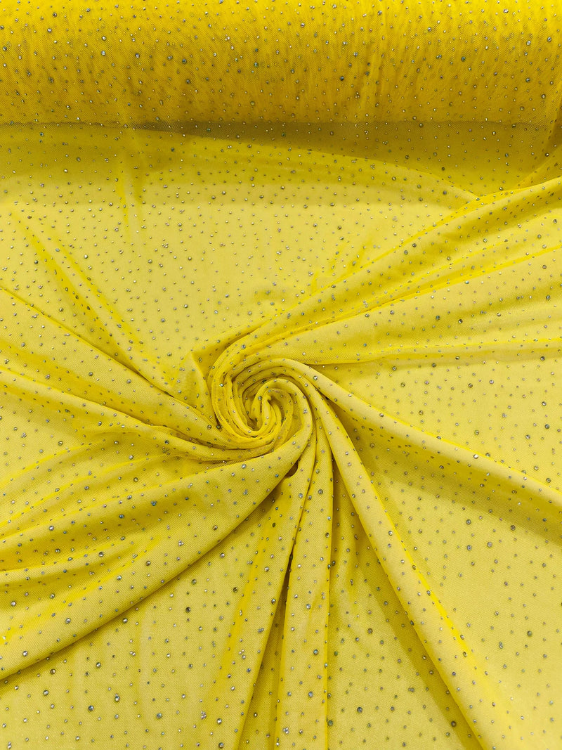 Power Mesh Polyester Rhinestones Fabric - Yellow - 4 Way Stretch Mesh Fabric Sold by Yard
