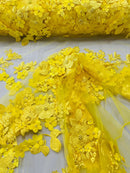 3D Rose Plant Fabric - Yellow - Embroidered Flower Design Rose Fabric Sold by Yard