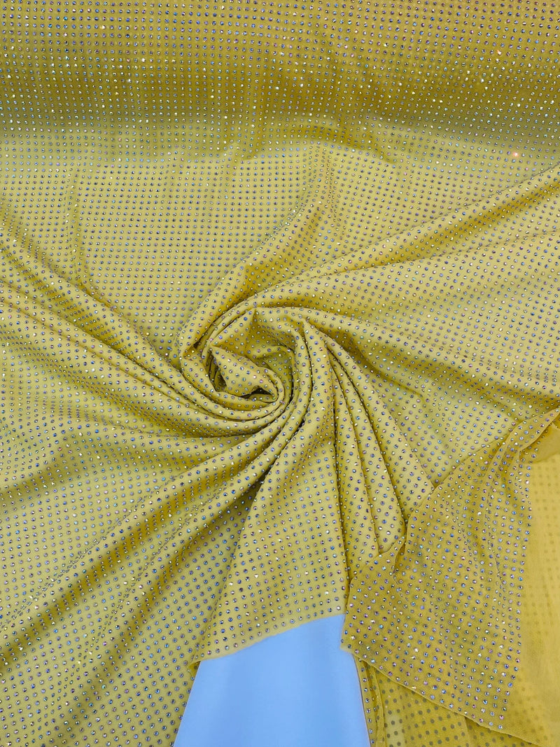Rhinestones Power Mesh Fabric - Yellow - 4 Way Stretch Power Mesh Crystal RhineStones Sold by Yard