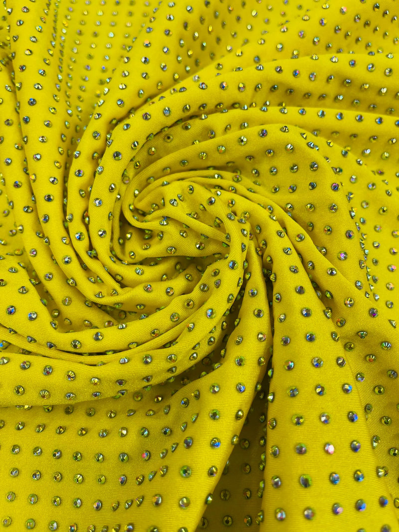 Rhinestones Solid Color Fabric - Yellow - 4 Way Stretch Soft Solid Fabric with Crystal RhineStones Sold by Yard