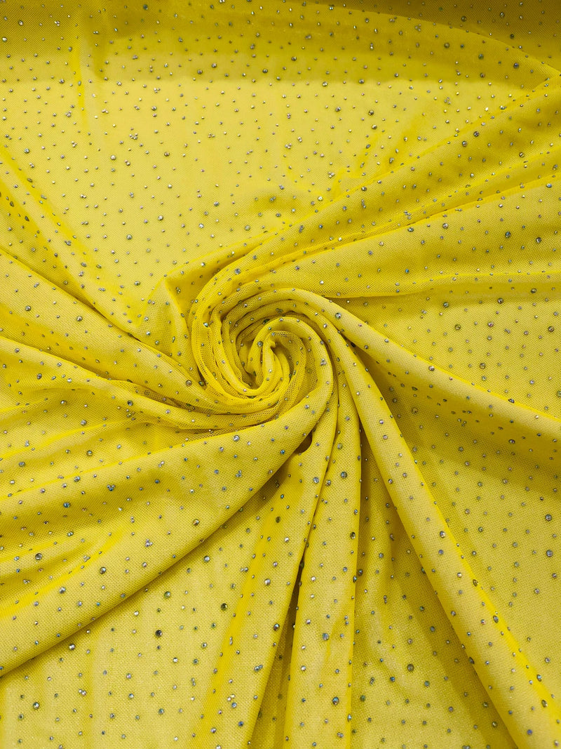 Power Mesh Polyester Rhinestones Fabric - Yellow - 4 Way Stretch Mesh Fabric Sold by Yard