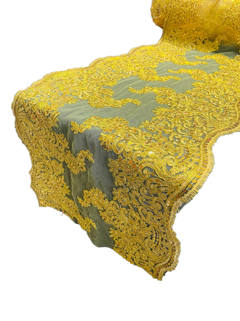 14" Metallic Floral Pattern Lace Table Runner - Yellow - Floral Table Runner for Event Decoration