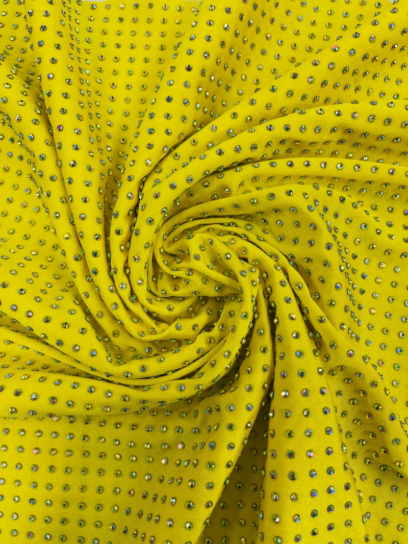 Rhinestones Solid Color Fabric - Yellow - 4 Way Stretch Soft Solid Fabric with Crystal RhineStones Sold by Yard