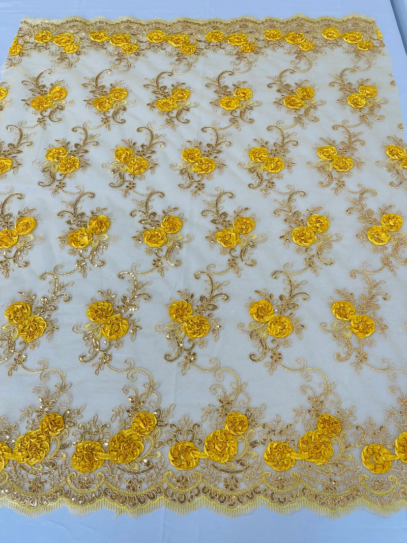 Floral Fabric - Yellow Gold - Sold By Yard Embroidered Roses With Sequins on a Mesh Lace Fabric