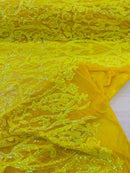 Heart Shape Sequins Fabric - Yellow Iridescent - 4 Way Stretch Sequins Damask Fabric By Yard