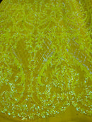 Heart Shape Sequins Fabric - Yellow Iridescent - 4 Way Stretch Sequins Damask Fabric By Yard