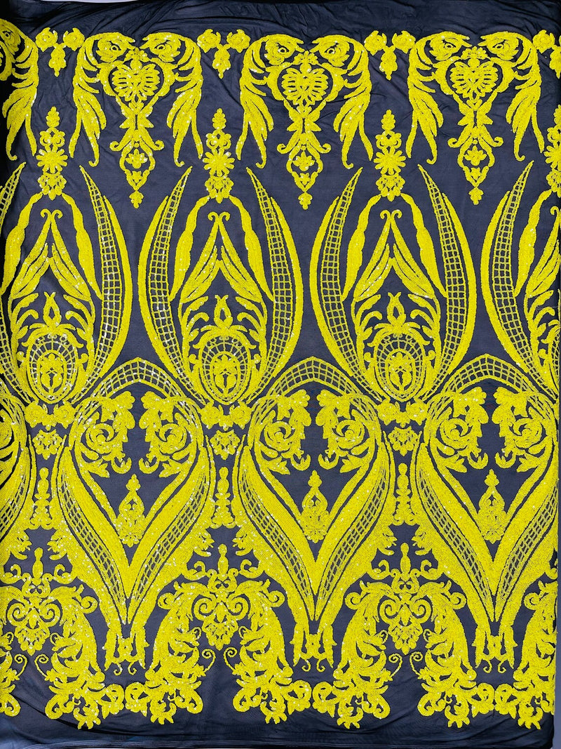 Damask Sequins - Yellow on Black - Damask Sequin Design on 4 Way Stretch Fabric By Yard