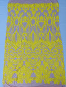 Damask Small Heart Design - Yellow on Nude - Floral Heart Design Sequins on Mesh By Yard