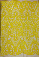 Heart Shape Sequins Fabric - Yellow on Nude - 4 Way Stretch Sequins Damask Fabric By Yard