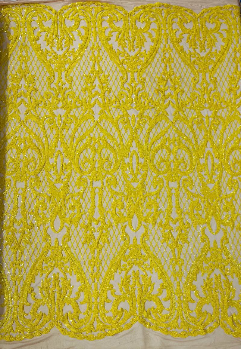 Heart Shape Sequins Fabric - Yellow on Nude - 4 Way Stretch Sequins Damask Fabric By Yard