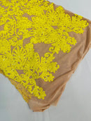 Damask Small Heart Design - Yellow on Nude - Floral Heart Design Sequins on Mesh By Yard