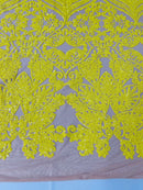 Damask Small Heart Design - Yellow on Nude - Floral Heart Design Sequins on Mesh By Yard