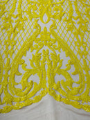 Heart Shape Sequins Fabric - Yellow on Nude - 4 Way Stretch Sequins Damask Fabric By Yard