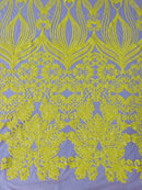 Damask Small Heart Design - Yellow on Nude - Floral Heart Design Sequins on Mesh By Yard
