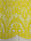 Heart Shape Sequins Fabric - Yellow on Nude - 4 Way Stretch Sequins Damask Fabric By Yard