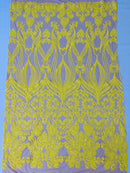 Damask Small Heart Design - Yellow on Nude - Floral Heart Design Sequins on Mesh By Yard