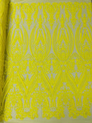 Damask Sequins - Yellow - Damask Sequin Design on 4 Way Stretch Fabric By Yard