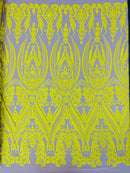 Damask Sequins - Yellow - Damask Sequin Design on 4 Way Stretch Fabric By Yard